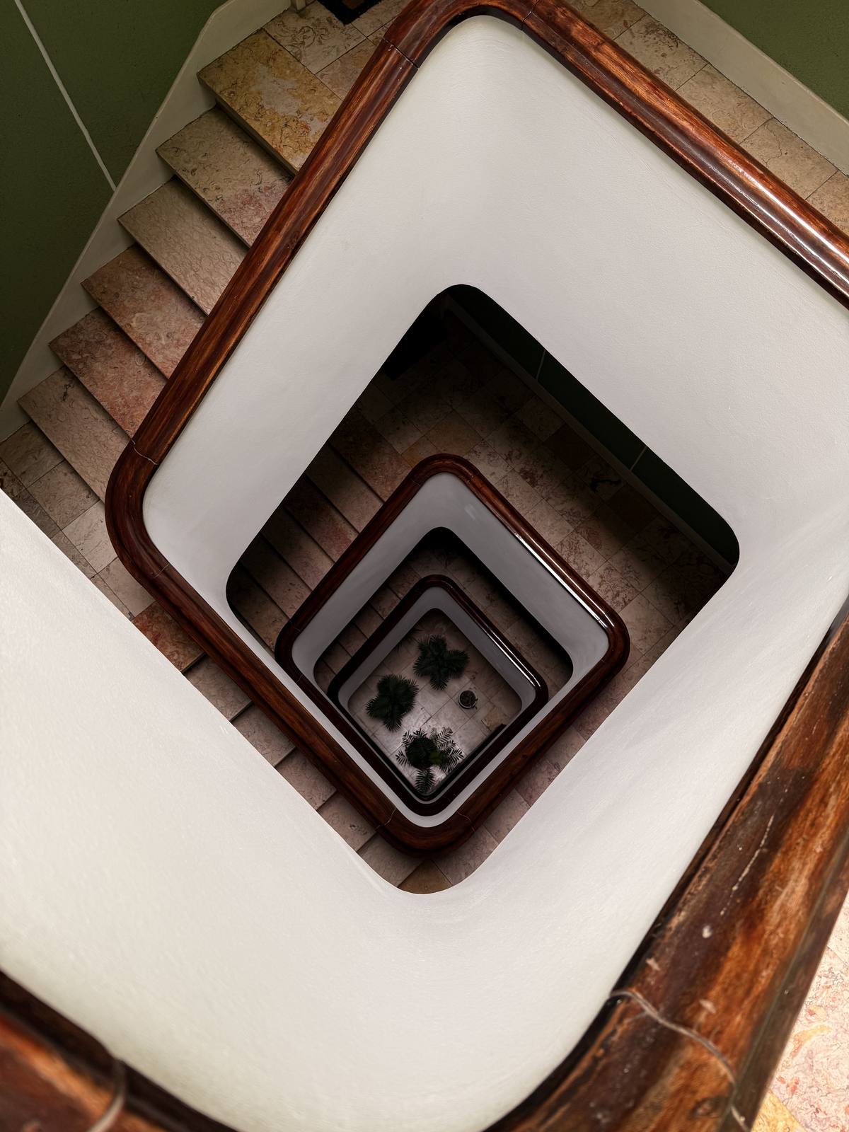 Stairwell Into Light, Graça & Miradouros, Lisbon — Square spiral staircase shot from above — marble, dark wood handrail, and plant shadows converging to a single bright point; precise and meditative.