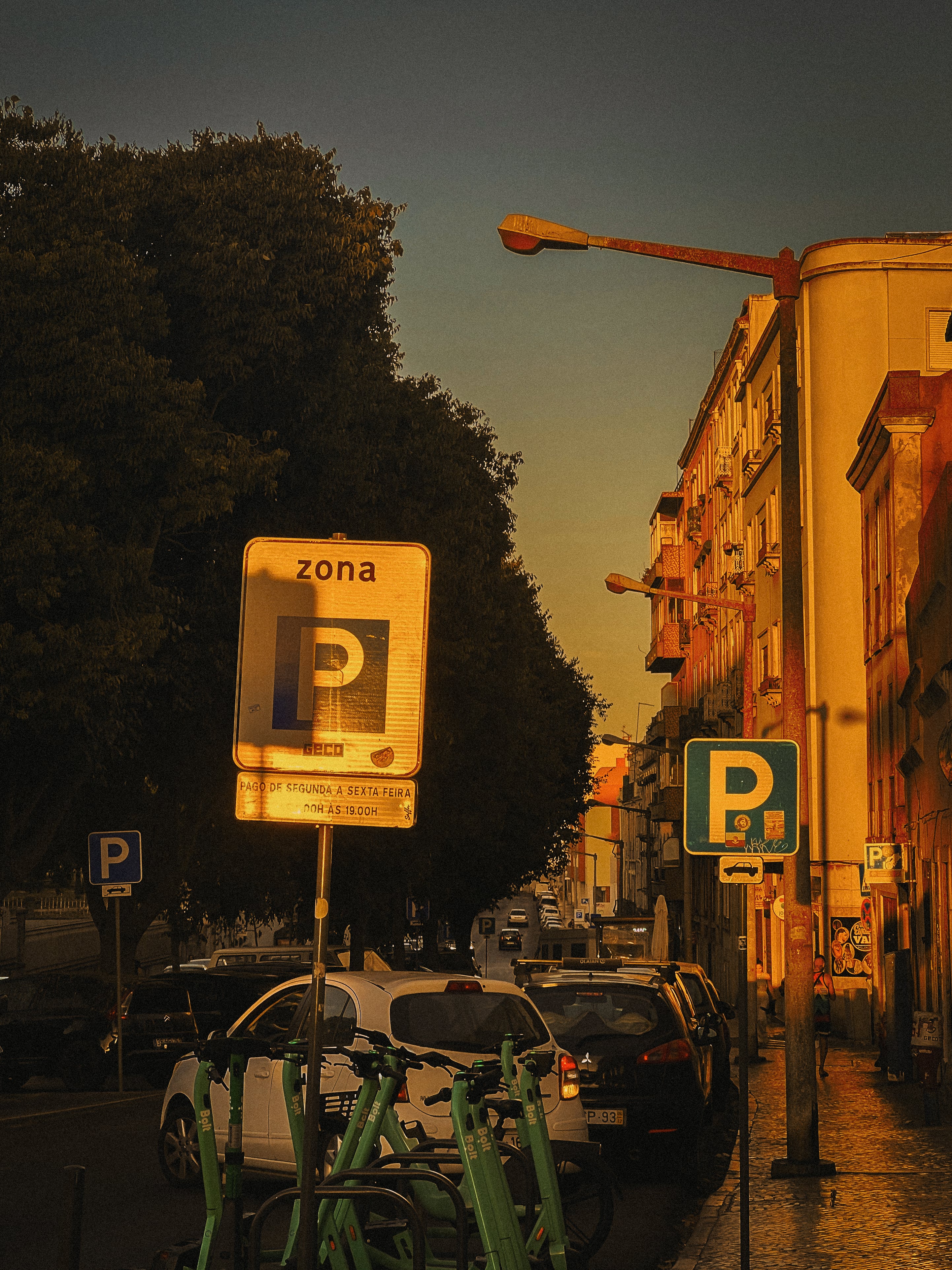 Zona P parking sign bathed in golden light, Bolt scooters, Rua da Graça